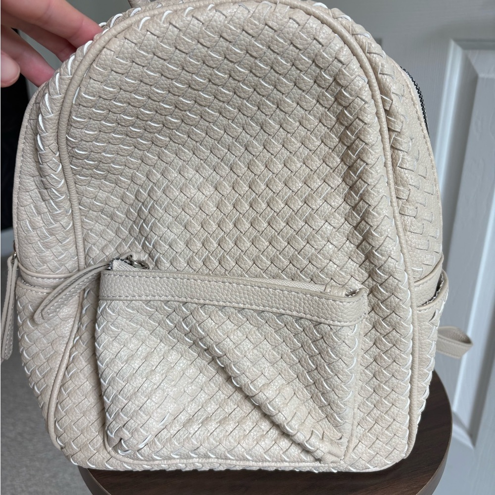 Cream Woven Vegan Leather Women’s Mini Backpack, Boho Neutral Bag